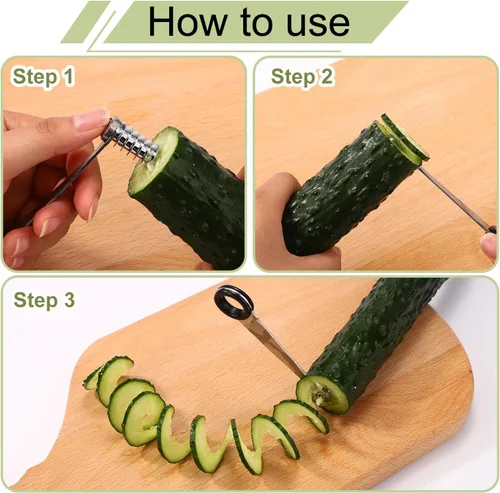 Miniatura 5 de Lyreh 2 cortadores en espiral de verduras y 1 herramienta en forma de V para pelar verduras, herramienta espiralizadora manual de acero inoxidable