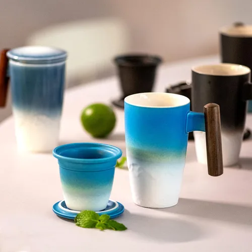Miniatura 6 de suyika Tomotime - Taza de té de cerámica con infusor y tapa, asa de madera, 13.5 onzas (400 ml) (Azul cian)