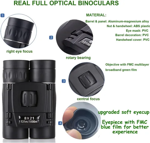 Miniatura 2 de Binoculares compactos de 8 x 21 para adultos y adolescentes, mini prismáticos ópticos completos pequeños para observación de aves, ópera, Negro