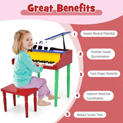Miniatura 2 de Costzon Piano Clásico para Niños, Piano de Juguete de Madera de 30 Teclas con Soporte para Partituras y Banco, Mini Juguete Musical para Niños