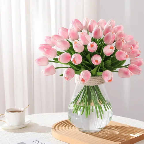 Miniatura 2 de 30 tulipanes artificiales de poliuretano, tulipanes falsos de tacto real rosa para el día de San Valentín, primavera, Pascua, hogar, cocina