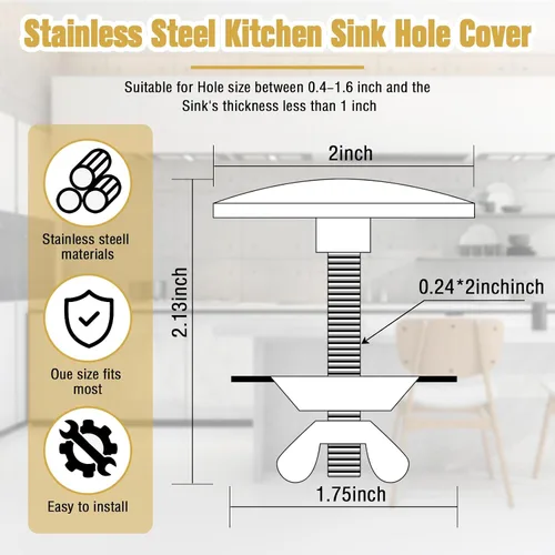 Miniatura 2 de LEIFIDE Tapa de orificio para fregadero de cocina de 2 pulgadas, tapa de orificio de fregadero con grifo, tapón de acero inoxidable, placa de metal