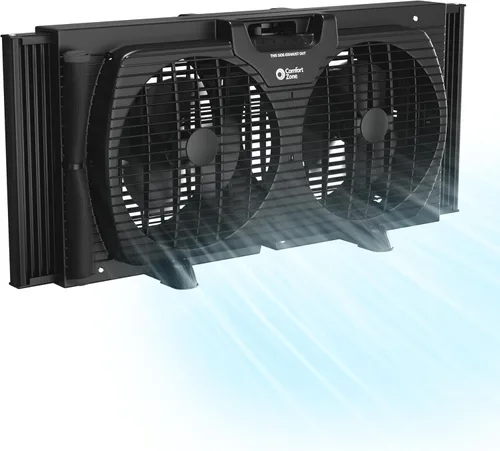 Comfort Zone Ventilador de ventana para dormitorio, ventiladores duales de 9 pulgadas y 3 velocidades con expansores de bloqueo automático,