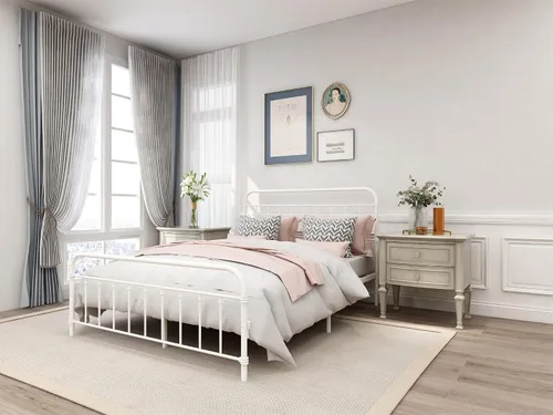 Base de cama de plataforma de metal con cabecero y estribo, fácil de montar, sin somier, tamaño Queen, color blanco