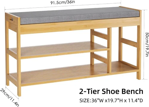 Miniatura 2 de HIFIT Banco Zapatero de Bambú con Almacenamiento, Banco de Almacenamiento de 2 Niveles para Entrada con Asiento Acolchado, Estante Organizador