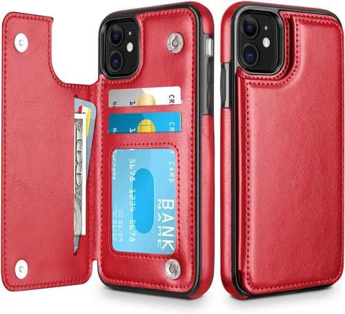 HianDier - Funda tipo cartera para iPhone 11 de 6.1 pulgadas, funda protectora con ranuras para tarjeta de crédito, foto, piel sintética suave, Rojo