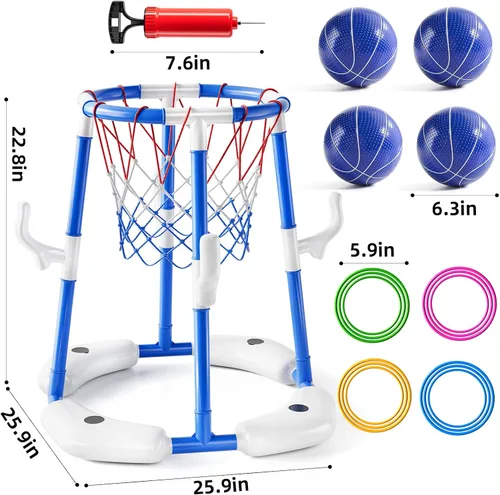 Miniatura 6 de JUKUDAHU Aro de baloncesto para piscina, juguetes de piscina para niños de 4 a 8 años, juego de anillo flotante 2 en 1 con 4 bolas y bomba, juguete