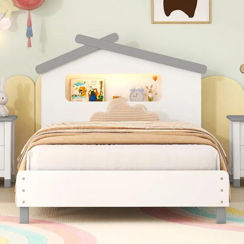 Miniatura 27 de Cama de plataforma de madera de tamaño individual con cabecera en forma de casa, soporte de listones de madera, para dormitorio de niños, niñas