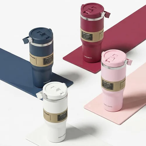 Miniatura 7 de Botella de agua aislada con pajilla abatible de 30 onzas con asa, vaso de acero inoxidable a prueba de fugas, taza de café de viaje al vacío