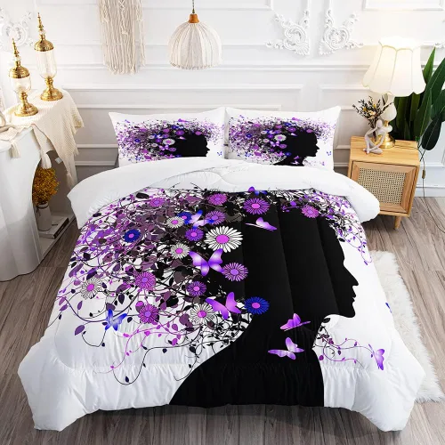 Miniatura 8 de Juego de edredón romántico para niña de hada, mariposa, flor, hada, para niños y adolescentes, tamaño individual, alas rosas en un vestido floral
