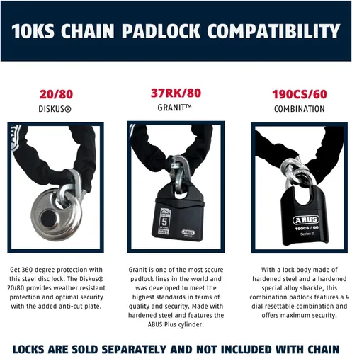Miniatura 7 de ABUS Cadena de seguridad cuadrada de acero endurecido 10KS de 10 pies x 3/8 pulgadas de grosor para bicicletas, contenedores, remolques