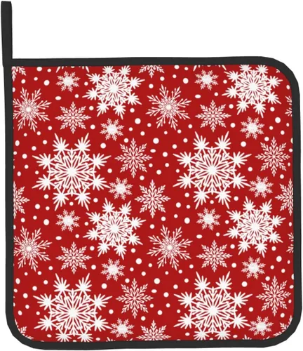 Miniatura 9 de Juego de 2 guantes de horno rojos de copos de nieve de Navidad y agarradera, adecuados para barbacoas, hornear, cocinar, microondas
