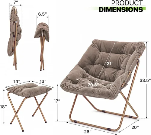 Miniatura 3 de Magshion Silla plegable de gran tamaño para adultos, silla de lectura con otomana, asiento circular esponjoso de piel sintética, cómoda silla