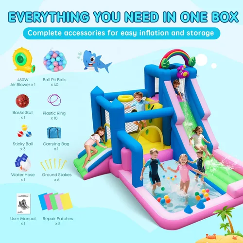 Miniatura 6 de Casa de rebote inflable Flamingo para niños – Castillo inflable 10 en 1 con doble tobogán, piscina de bolas, aro de baloncesto, pared de escalada