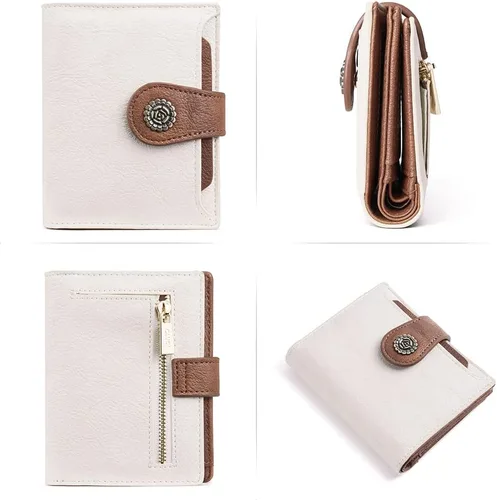 Miniatura 6 de CLUCI - Carteras pequeñas para mujer, color beige con marrón Bloqueo RFID, cuero, compacto triple, tarjetero con ventana de identificación