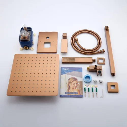 Miniatura 7 de Iriber - Sistema de ducha de lluvia en oro rosa cepillado con cabezal de ducha de 12 pulgadas y juego de ducha de mano montado en la pared del baño