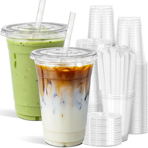 Ginkgo Paquete de 100 vasos de plástico transparente de 24 onzas con tapas y pajitas, tazas desechables para café helado para batidos, limonada