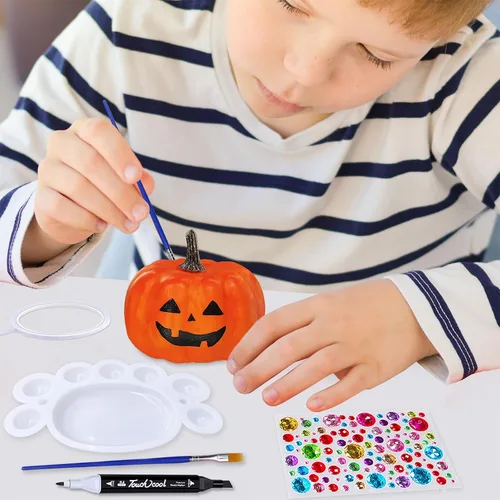 Miniatura 9 de Winlyn 8 juegos de pintura de calabaza de 4 pulgadas, manualidades de otoño, pintar tus propias calabazas de Halloween, calabazas de espuma blanca