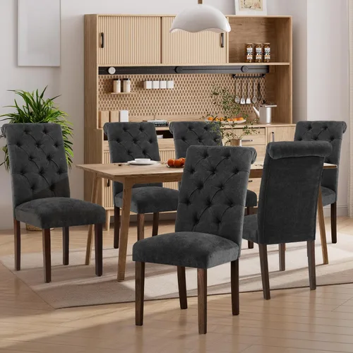 Miniatura 17 de Juego de 2 sillas de comedor, tapizadas Parsons con botones y patas de madera maciza, sillas de cocina de tela moderna para comedor, color beige