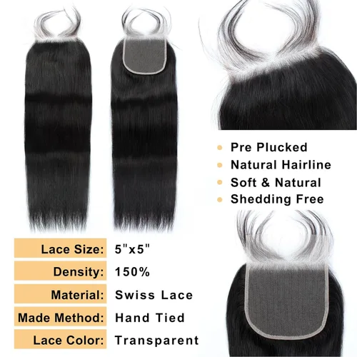 Miniatura 3 de Extensiones de cabello humano lacio 12A con cierre de encaje HD de 5 x 5 (16, 18, 20 + 14 pulgadas), tejido de cabello humano virgen brasileño 100%