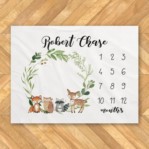 Miniatura 3 de Gearpenguin Manta mensual personalizada de hitos para bebé, con fotos de animales del bosque, seguimiento del crecimiento de niñas, regalo