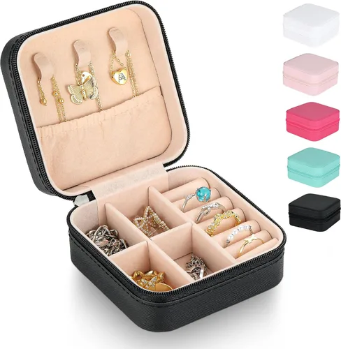MJartoria Joyero de viaje, pequeñas cajas de joyería para mujeres y niñas, caja organizadora de joyas portátil negra, regalos de moda