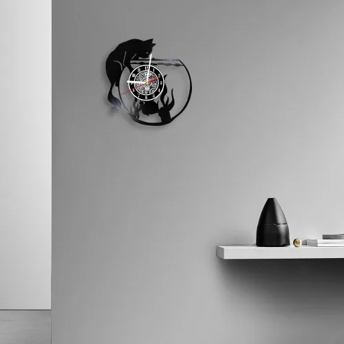 Miniatura 8 de The Geeky Days Reloj de pared con iluminación LED de gato negro con pecera, lámpara de noche para guardería, habitación de niños, gatito juguetón