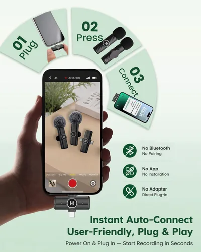 Miniatura 5 de Micrófono de solapa inalámbrico USB C Mini para iPhone 15 16, dispositivos iOS y Android, micrófono de solapa con reducción de ruido para grabación