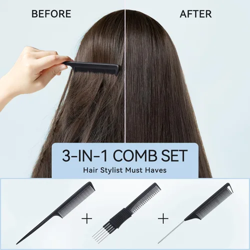 Miniatura 5 de TsMADDTs Peines de cola de rata para mujeres y hombres, juego de 3 peines para trenzar, separar, peinar, dientes finos, color negro
