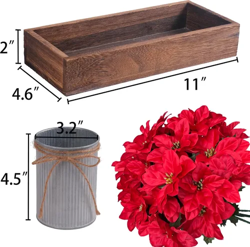 Miniatura 4 de Flores de Pascua Artificiales Decoraciones Navideñas – Paquete de 3 Flores de Pascua Rojas en Macetas de Metal Galvanizado con Caja de Madera