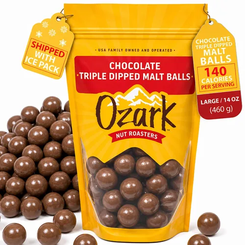 OZARK NUT ROASTERS Bolas de malta de chocolate, aperitivo gourmet de caramelo malteado, rico sabor a chocolate, bolsa resellable de 14 onzas,