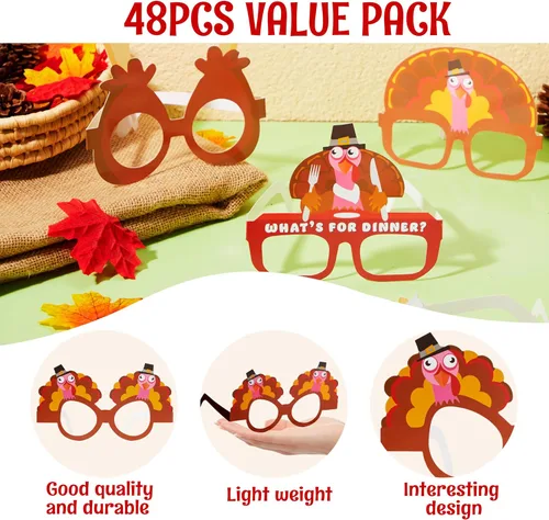 Miniatura 5 de JOYIN 48 lentes de pavo de Acción de Gracias, marco de anteojos de pavo con diseño de calabaza y hojas de arce, accesorios para fotos, anteojos