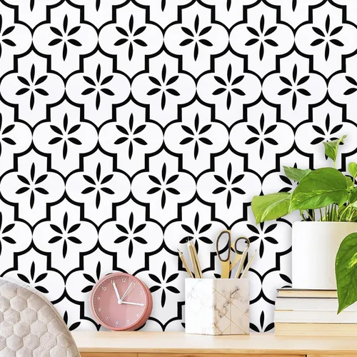 Miniatura 16 de GloryTik - Papel pintado autoadhesivo gris y blanco para despegar y pegar, con diseño de enrejado moderno, removible, geométrico, impermeable
