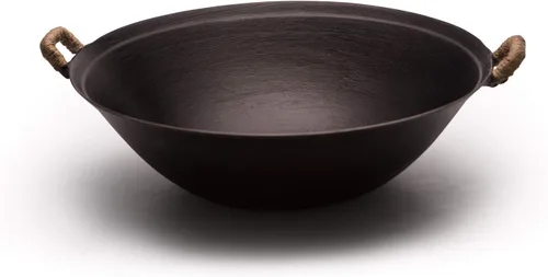 Miniatura 3 de ZhenSanHuan Wok de hierro fundido hecho a mano, sin revestimiento, sin pintura, saludable, fondo plano, apto para inducción (14.2 pulgadas)