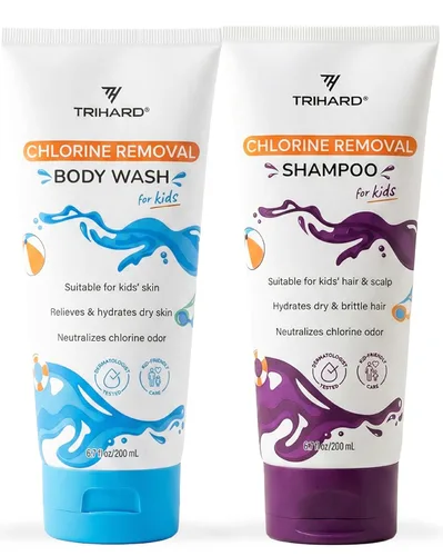 TRIHARD Kit de eliminación de cloro para niños, champú, lavado facial y corporal para el cabello y la piel de los niños, limpiador suave después de