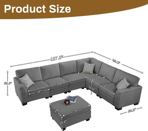 Miniatura 2 de Legend Vansen Sofá modular de gran tamaño, sofá en forma de U de 7 asientos con otomana, sofá de pana con asiento profundo, sofás seccionales Gris