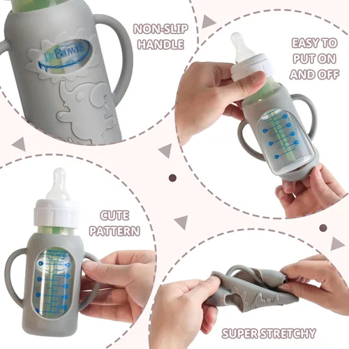 Miniatura 6 de Paquete de 3 fundas de silicona para biberones de vidrio natural Dr. Brown, soporte para biberones de grado alimenticio antiroturas con asas y 3