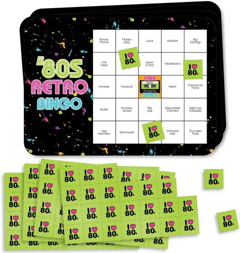 Big Dot of Happiness 80's Retro - Tarjetas y marcadores de bingo de bar - Juego de bingo para fiesta de los años 80 - Juego de 18