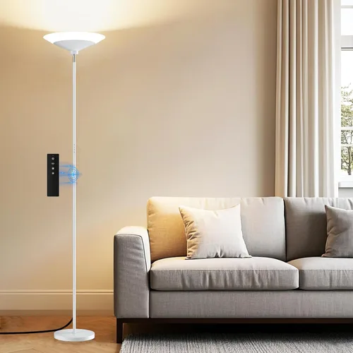SIBRILLE - Lámpara de pie tipo antorcha blanca - Lámpara de pie regulable LED de 30W con control remoto/por botón, 1800 lm, 3000-6500 K, luz de