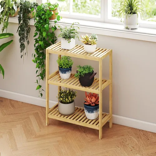 Miniatura 2 de kinbor Estante de bambú multifuncional para baño, cocina, sala de estar, soporte para plantas y flores, estante de almacenamiento (3 niveles)