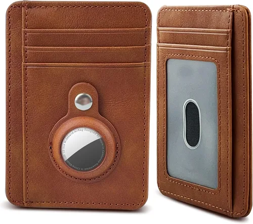 GINNZOO Cartera para hombre con soporte AirTag, cartera delgada minimalista con bolsillo frontal para AirTag RFID bloqueo cartera con ventana de