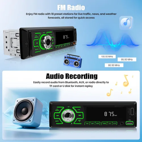 Miniatura 4 de SIXWIN - Radio para coche de un solo DIN, estéreo Bluetooth, receptor de audio multimedia para coche con control de voz, entrada AUX/USB/TF, control