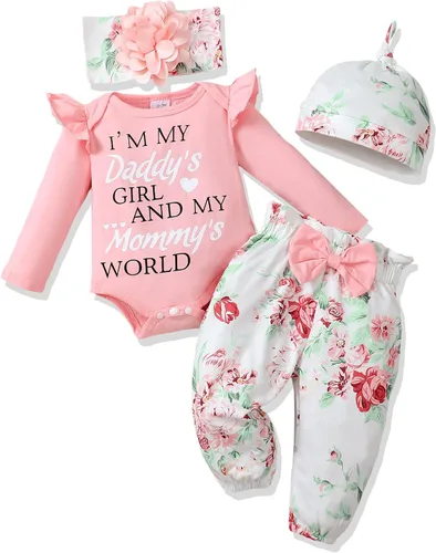 Miniatura 30 de Renotemy Conjunto de ropa para bebé recién nacida, mameluco con volantes, pantalones florales, lindo conjunto de ropa para bebé niña
