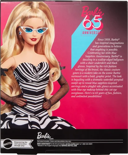 Miniatura 7 de Barbie Muñeca exclusiva, 65 aniversario coleccionable con cabello rubio, vestido blanco y negro, aretes de gemas de zafiro y gafas de sol