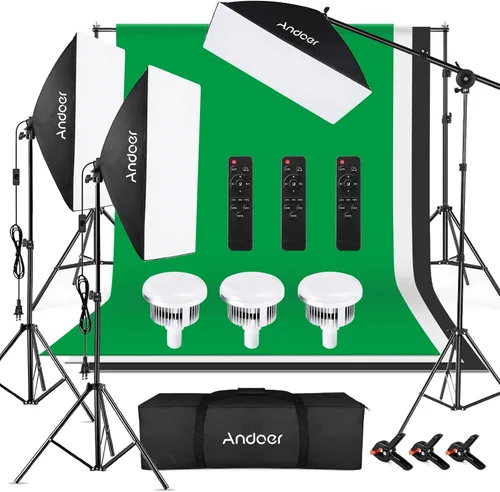 Andoer Kit de iluminación fotográfica con fondos, caja de luz LED 2800K-5700K 85W, sistema de soporte de fondo de 6.5 x 10 pies, kit de iluminación