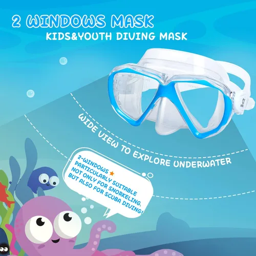 Miniatura 3 de Máscara de buceo para niños, máscara de natación antivaho de 180°, gafas de natación para niños de vidrio templado con cubierta para la nariz