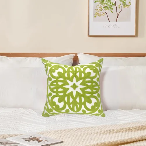 Miniatura 6 de Alysheer Funda de cojín decorativo bordada de 20 x 20 pulgadas, patrón de bordado grueso moderno de mandala bohemio, funda de cojín de lona de Verde