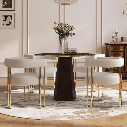 Miniatura 17 de Hyfirm Juego de 2 sillas de comedor de barril beige y dorado, modernas sillas tapizadas de terciopelo con respaldo curvado para isla de cocina