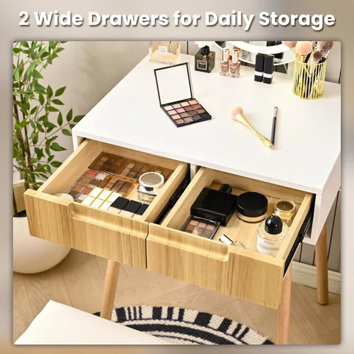 Miniatura 4 de Tocador pequeño con espejo y luces, tiradores de madera con taburete acolchado, 3 modos de iluminación, mesa redonda de maquillaje con rieles