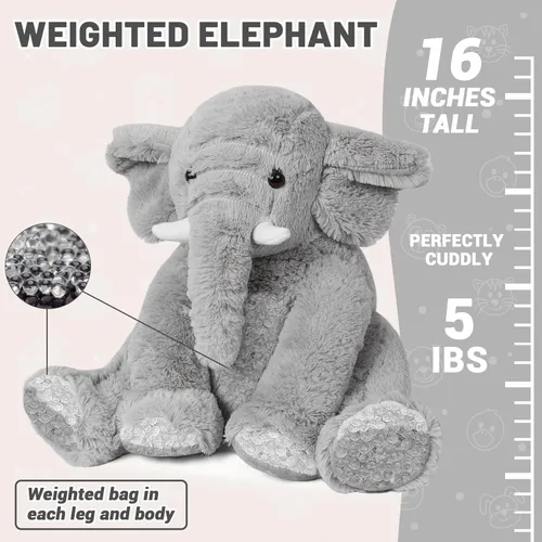 Miniatura 2 de JellyMallow Animales de peluche con peso de elefante, 5 libras y 16 pulgadas, color gris, almohada grande de peluche de elefante con peso, regalo